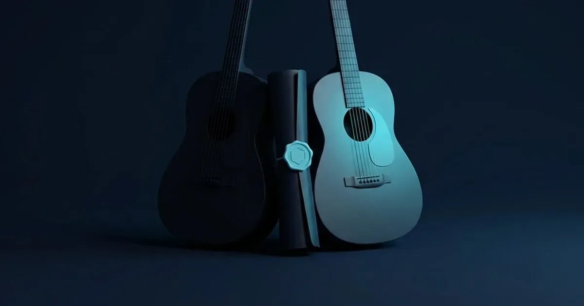Yan yana iki akustik gitar ve aralarında mühürlü bir lisans belgesi