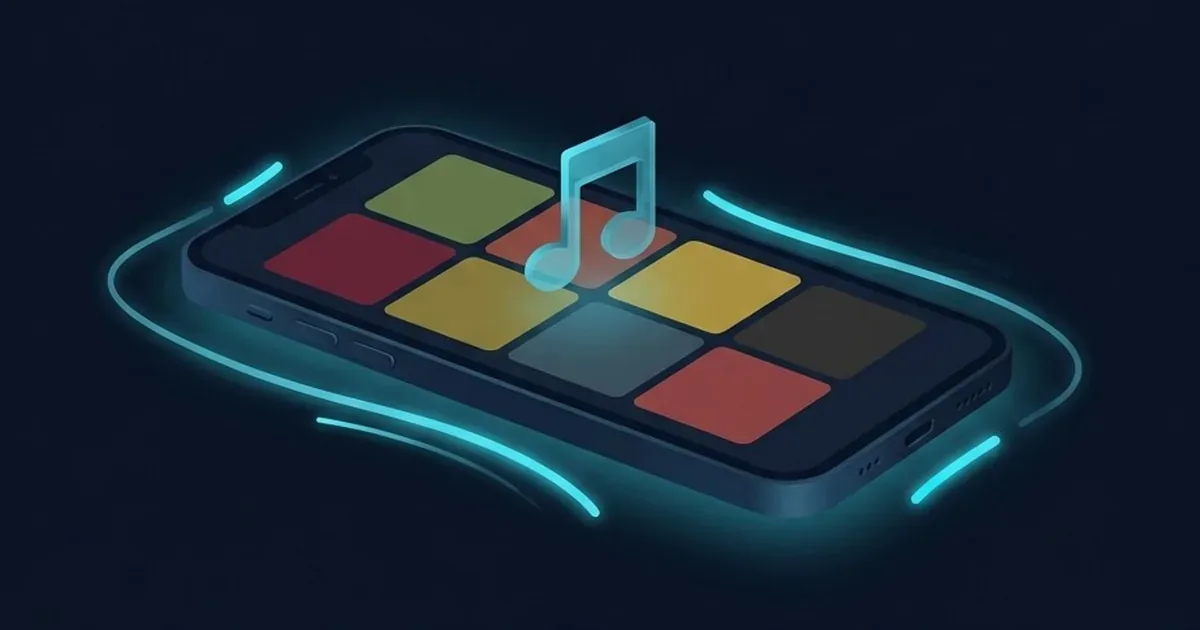 Renkli kare paylaşımlar ve müzik notası çıkartması olan telefon