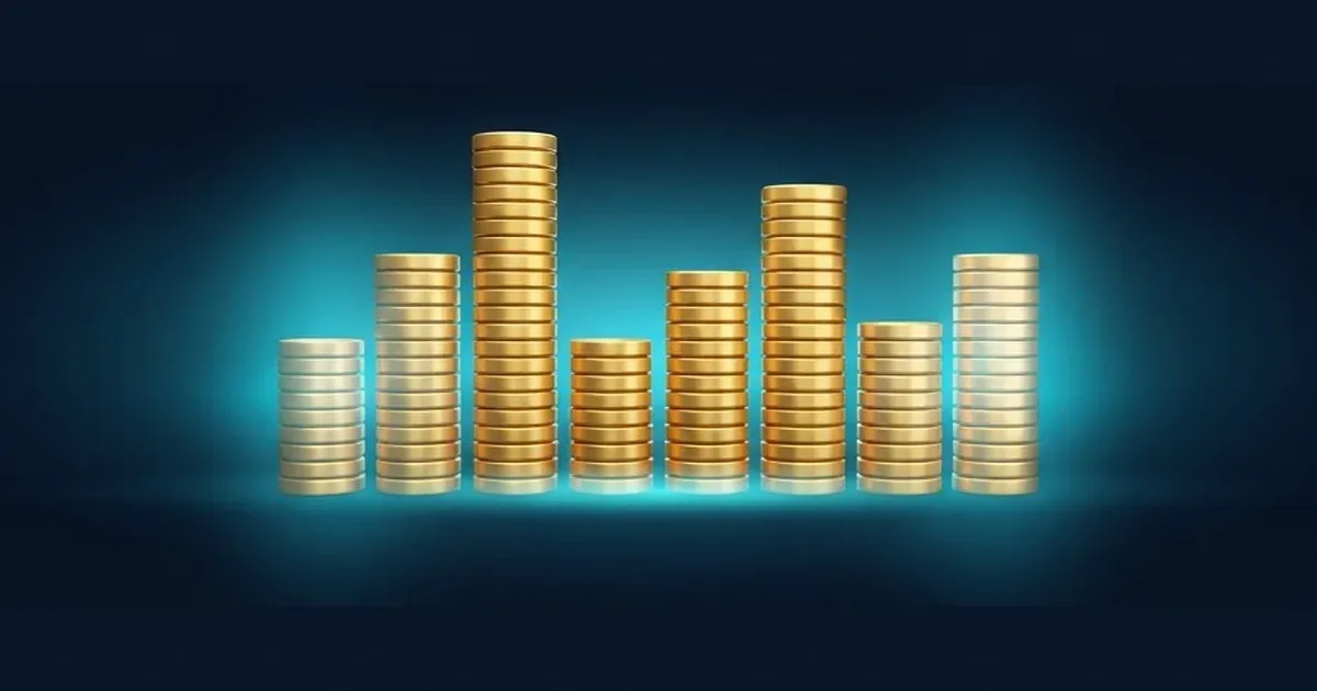 Ekolayzer çubukları gibi dizilmiş altın para yığınları